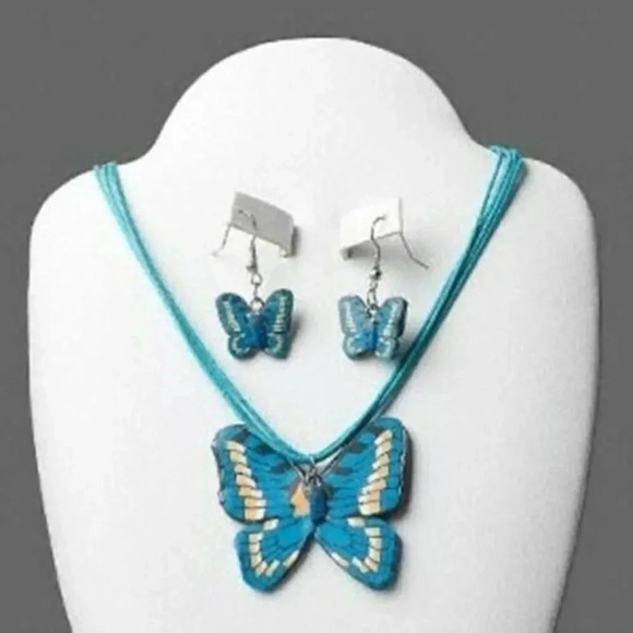 Blue Butterflies Fimo Polymer Clay Necklace and Earrings Jewelry Set - Picture 1 of 1